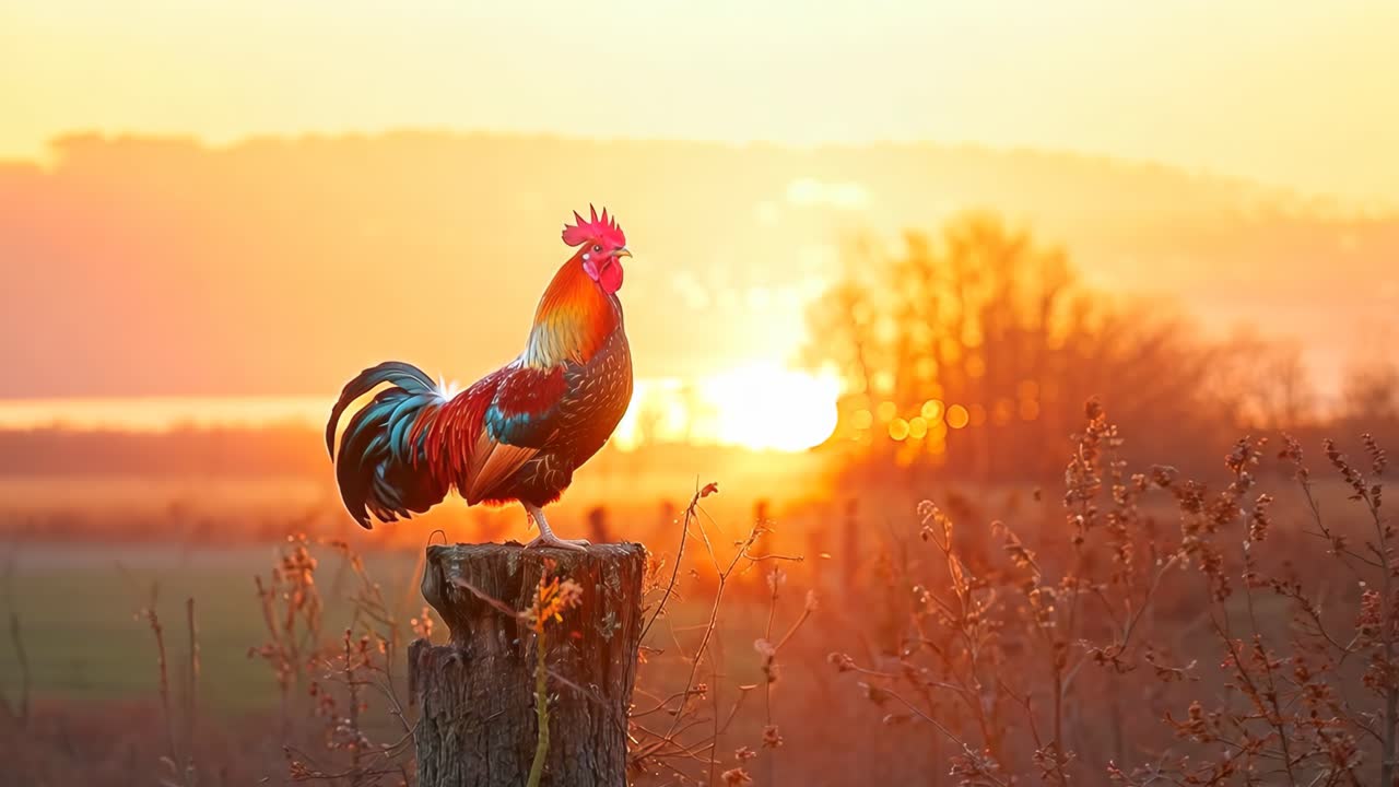 A rooster stands on a stump in a field at sunset. The rooster is red, black, and white