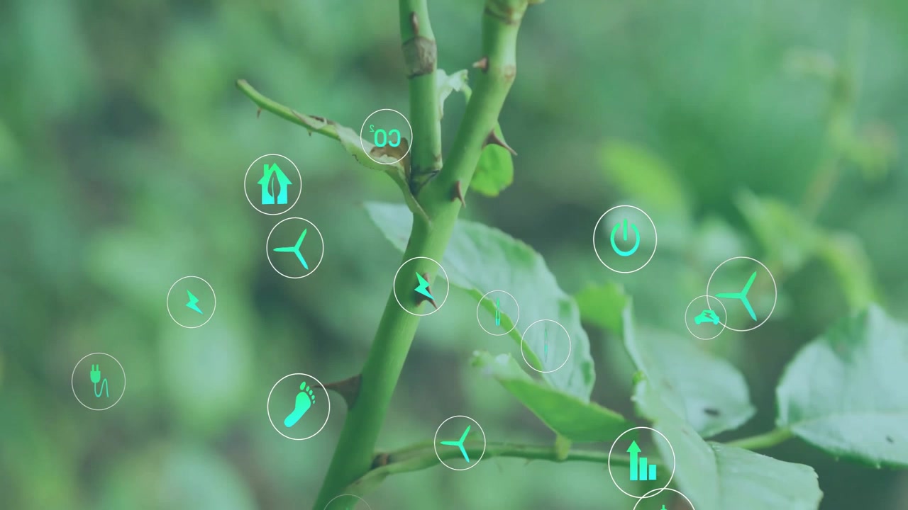 Caule espinhoso de planta iniciando animação ao invocar ícones turquesa orbitando, representando dados ecológicos