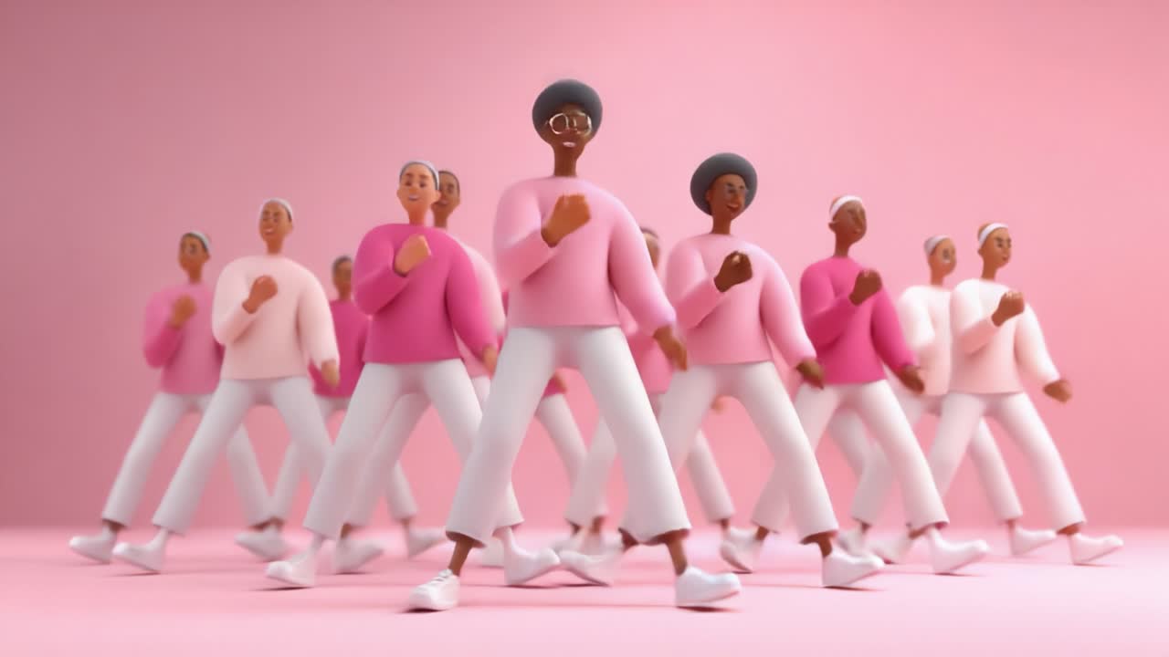A joyful gathering of diverse characters in stylish pink attire, celebrating together with enthusiasm, showcasing unity, movement, and vibrant expressions in a colorful animation