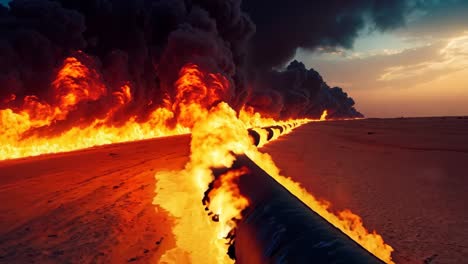 a large pipe in the middle of a desert with flames coming out of it