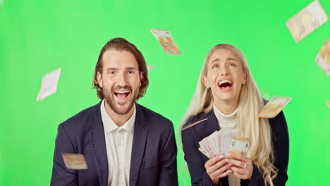 business people, dancing and celebration in money