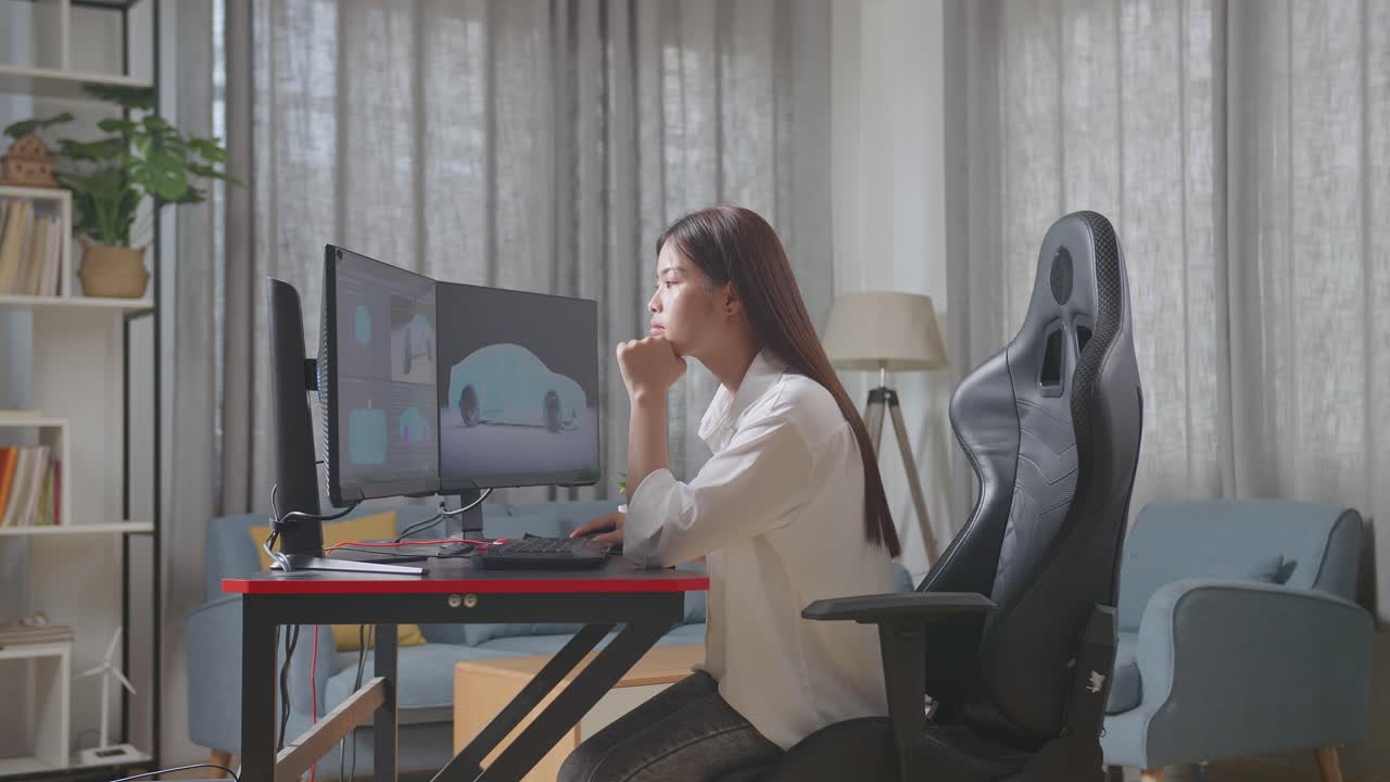 아시아 여성 자동차 디자이너가 아이디어를 생각하고 스튜디오의 데스크 컴퓨터에서 ev 자동차의 3d 모델을 작업하는 동안 지표손가락을 올리고 있습니다.