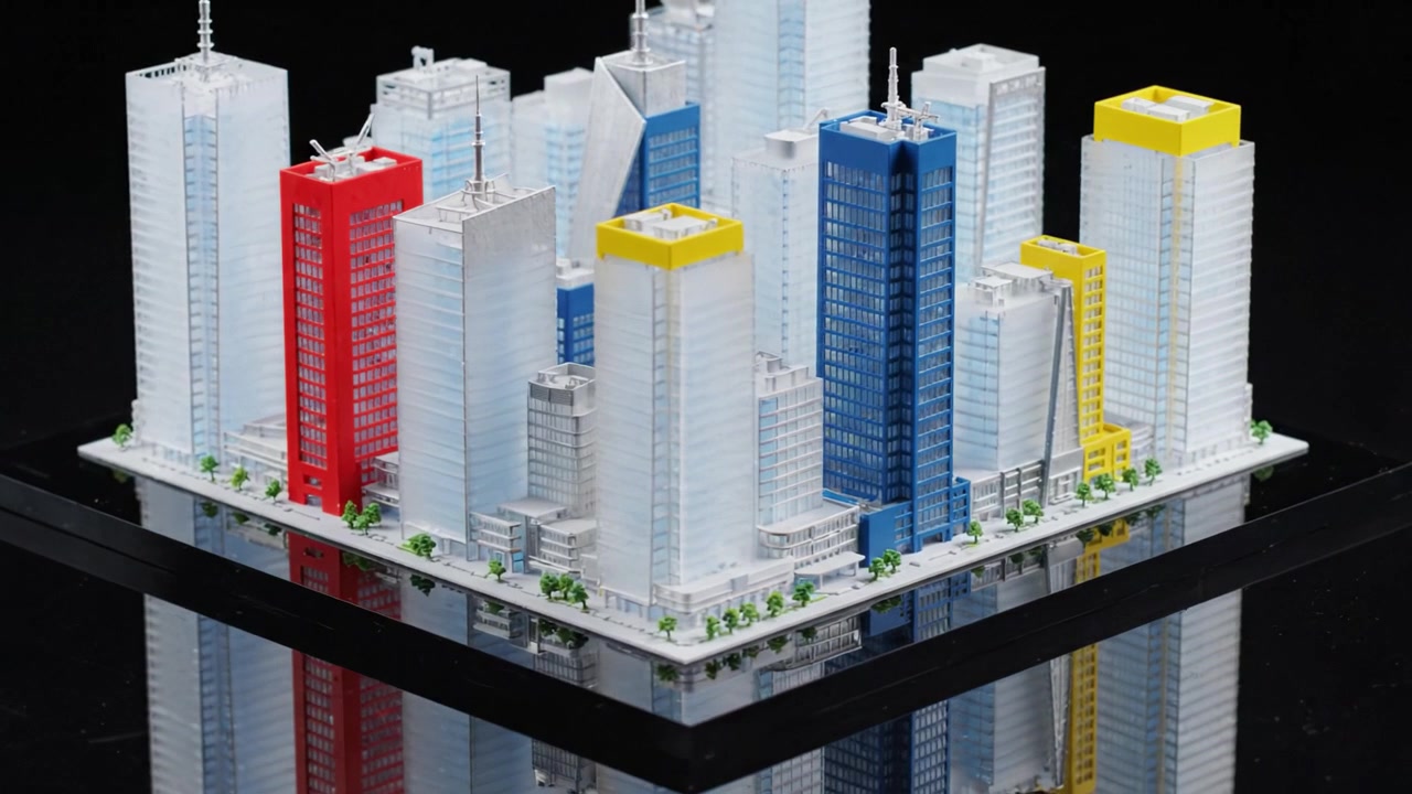 Modello architettonico dettagliato di un paesaggio urbano moderno con edifici colorati che rappresentano lo sviluppo urbano ed elementi di design innovativi.