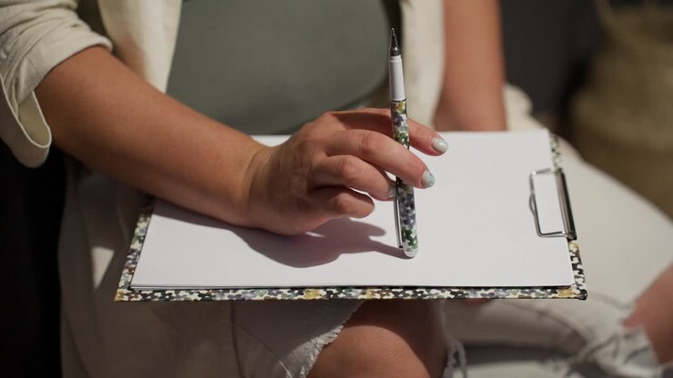 Close-up of a hand holding a pen over a blank clipboard