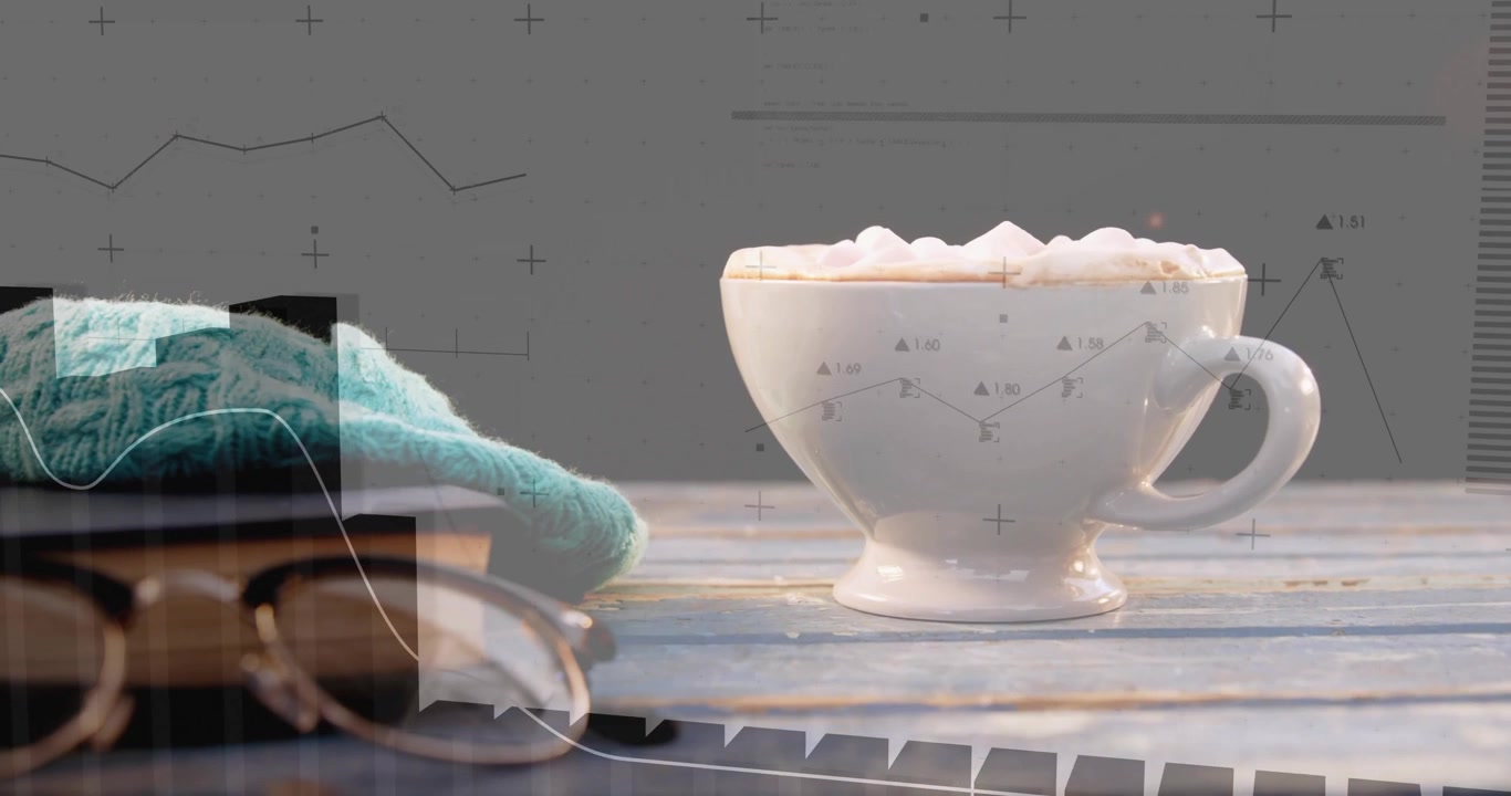 Indicatori della griglia che compaiono gradualmente, grafico a linee che emerge, barre che scorrono su una sciarpa, tazza di caffè che visualizza metriche.