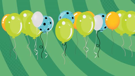 Animation-of-colorful-balloons-flying-over-green-background