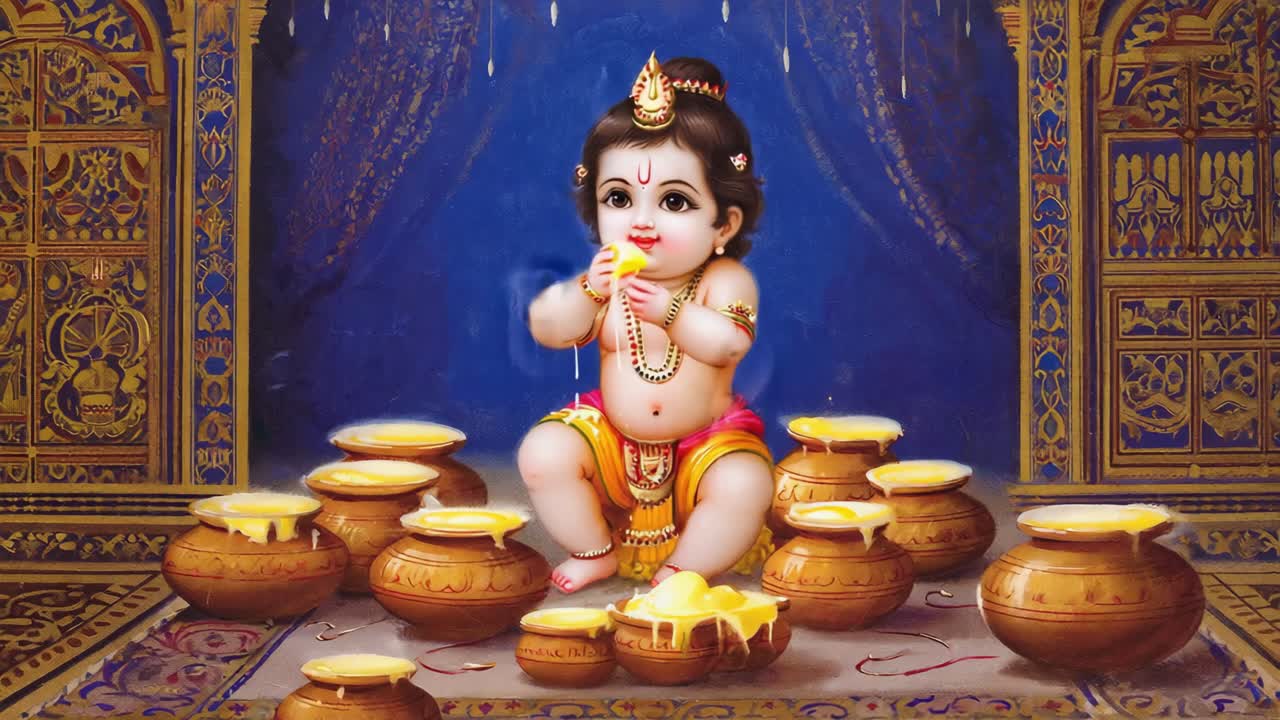 Illustration of the Hindu deity Krishna as a child, sitting amidst clay pots filled with butter, playfully eating and savoring it in a decorated room