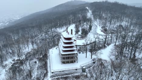 panorama aéreo de la pagoda de lectura cubierta de nieve