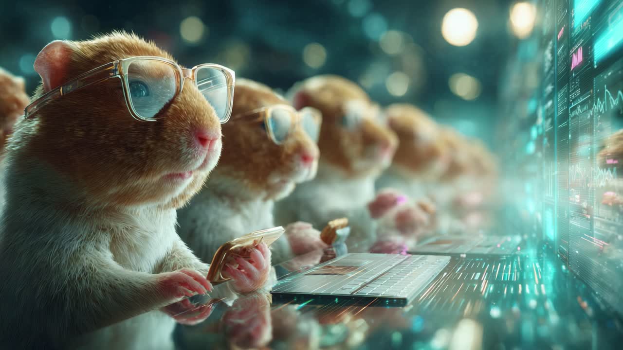 A Group of Clever Hamsters Engaged in Technology: A Unique Scene Where Hamsters Use Laptops and Smartphones While Analyzing Digital Data in a Futuristic Environment