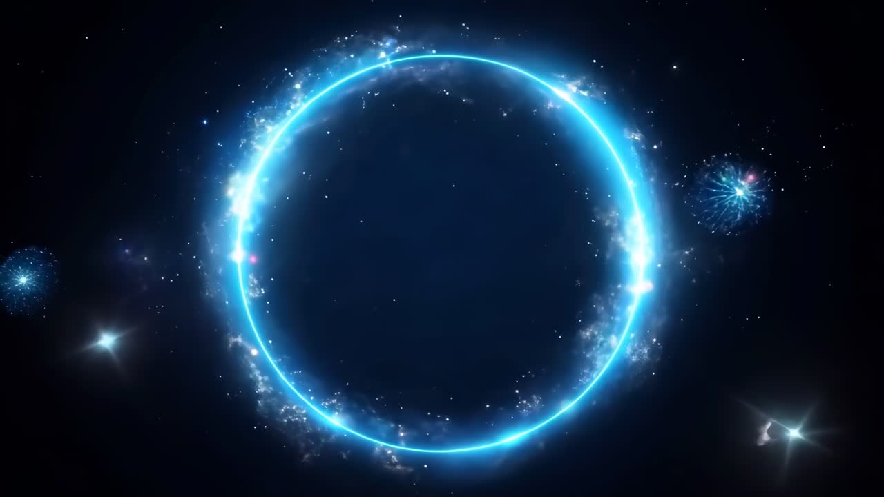 A glowing blue circle in space, viewed from a top-down angle, emits light and particles