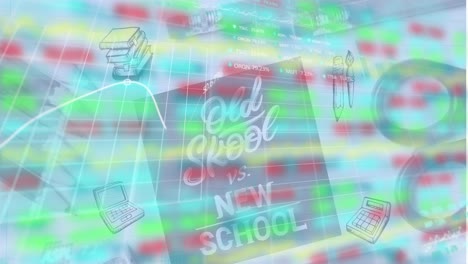 Animation-of-infographic-interface-over-old-skool-vs-new-school-text-with-stationery-drawing