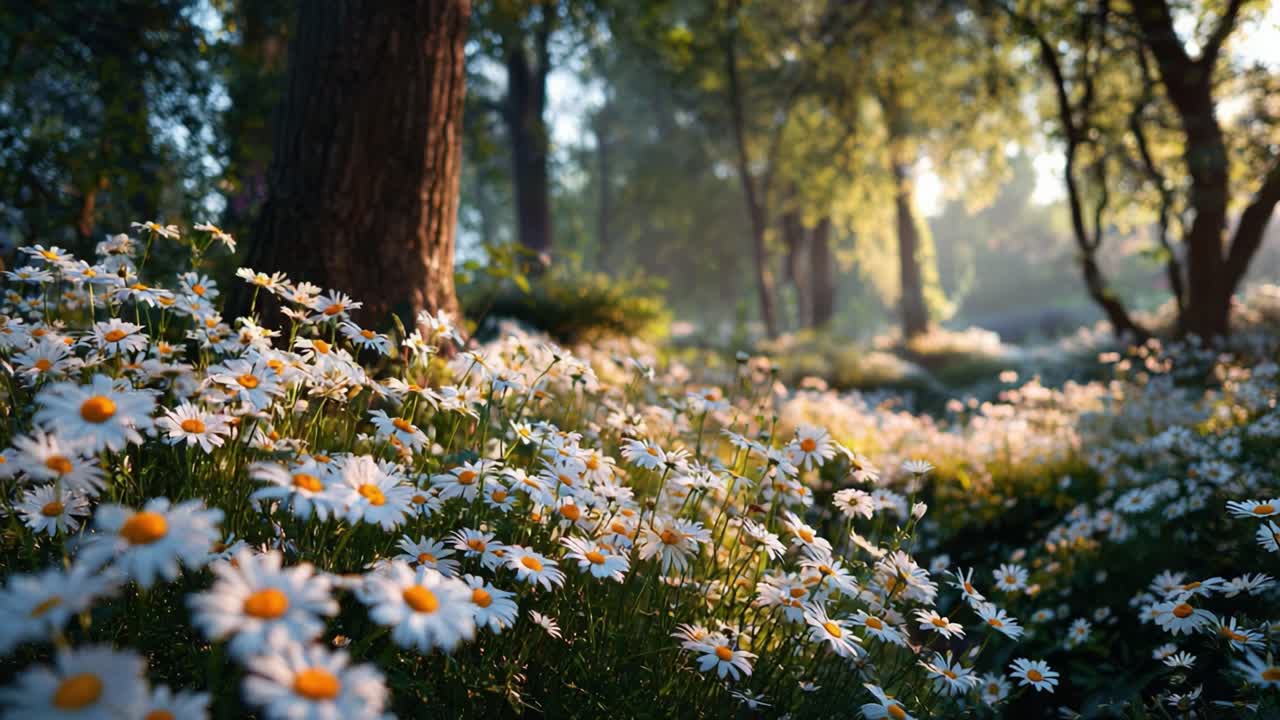 Tranquil Beauty: A Vivid Display of Daisies in Sunlit Forest Surroundings Captured from Dawn to Dusk