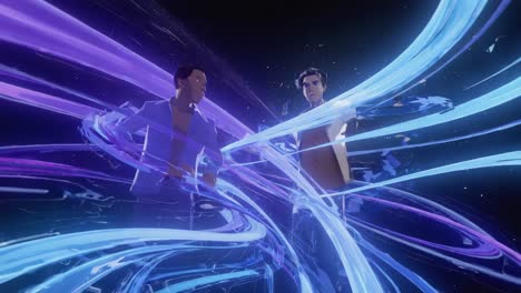 stylized animated men with glowing energy