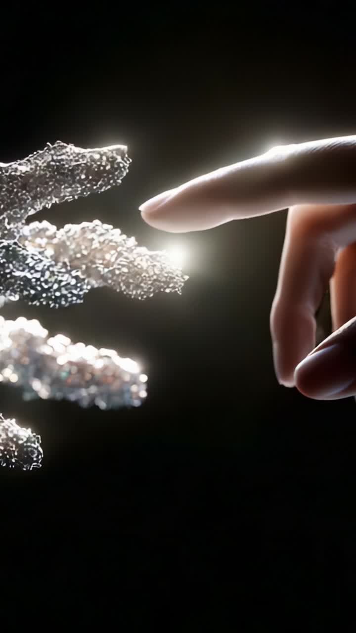 A Beautiful Representation of Connection and Creation Between a Human Finger and an Ethereal Hand, Illuminating the Space with Sparkling Light and Energy