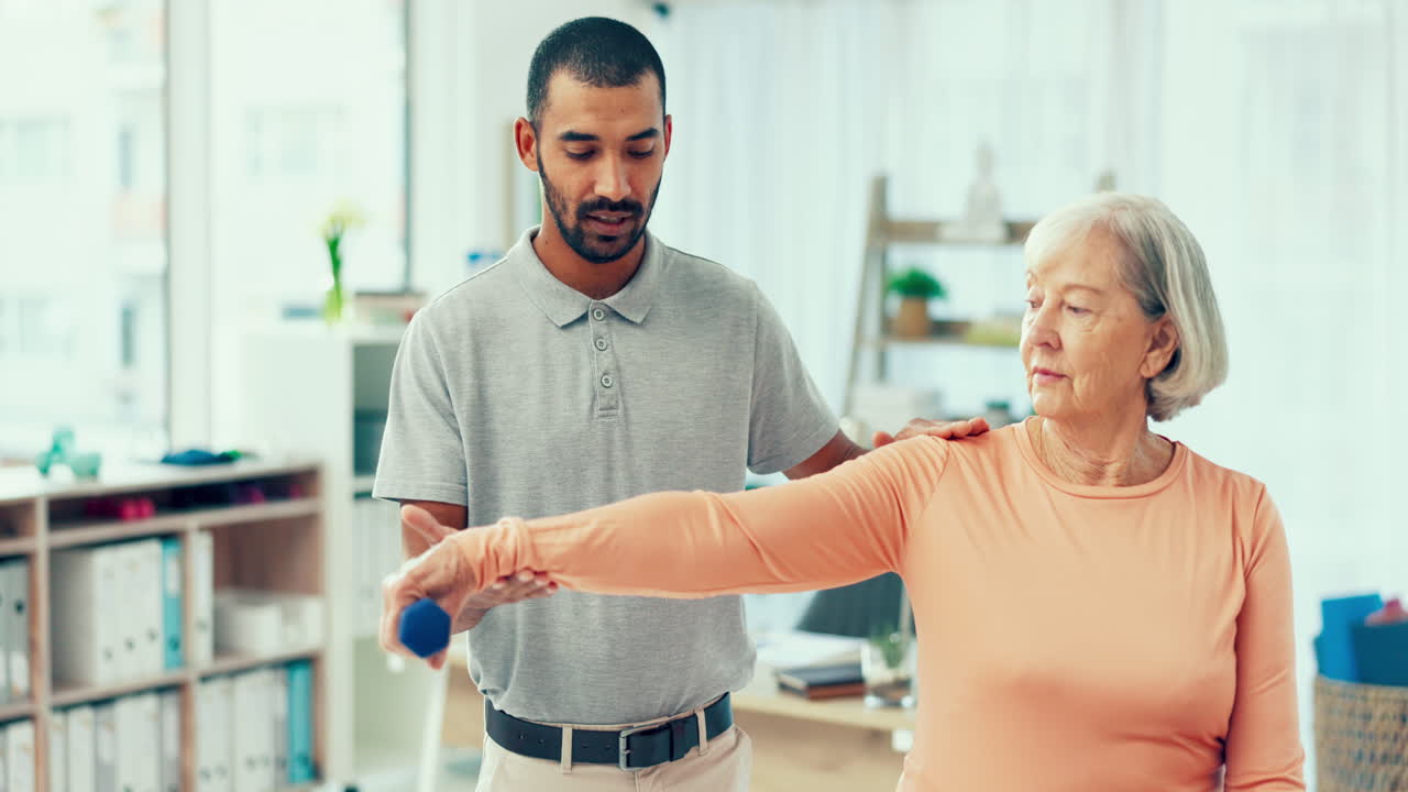 Physiotherapy, stretching and man with a senior