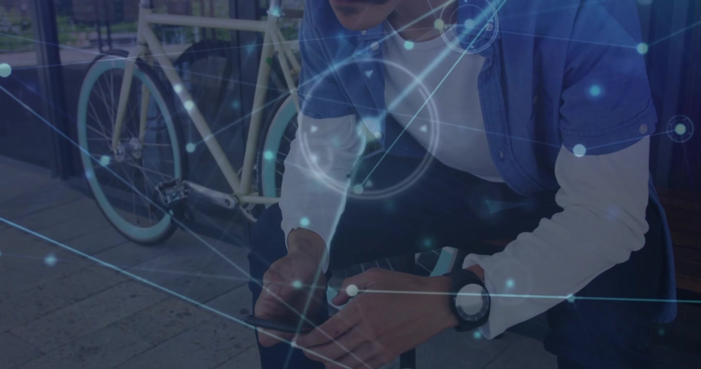 Young Man Using Smartphone Outdoors with Digital Network Overlay