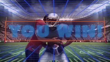 football players celebrating victory with you win text animation over stadium
