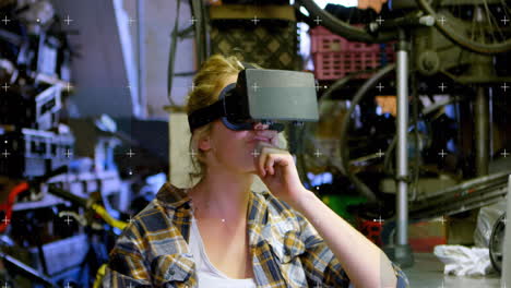 animación de marcadores blancos moviéndose sobre la mujer con auriculares vr y moviendo sus manos