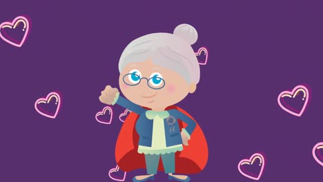 Animation-of-illustration-of-happy-senior-woman-wearing-superhero-cape,-with-hearts,-on-purple