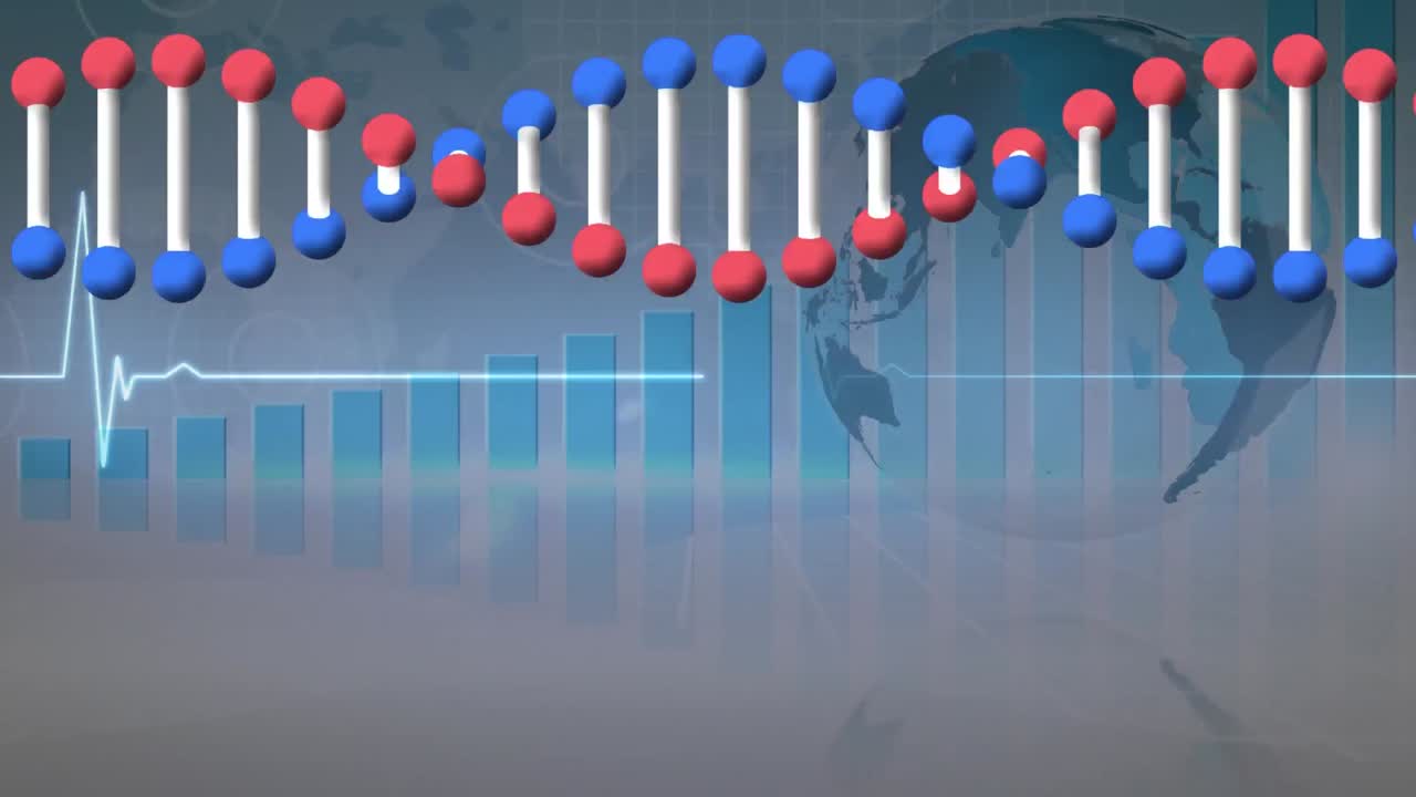 dna 구조가 회전하는 심박수 모니터 회전하는 지구를 회전하는 회색 보라색 배경에