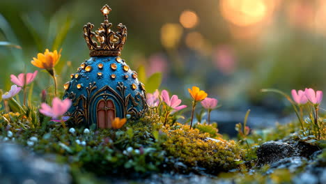 decorative crown resting among colorful flowers at sunset