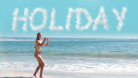 woman jumping over the word holiday