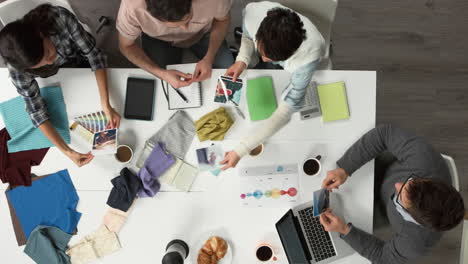 creative business meeting from above of hipster startup team