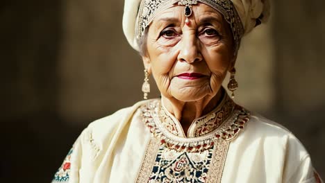 retrato de una anciana india en traje tradicional