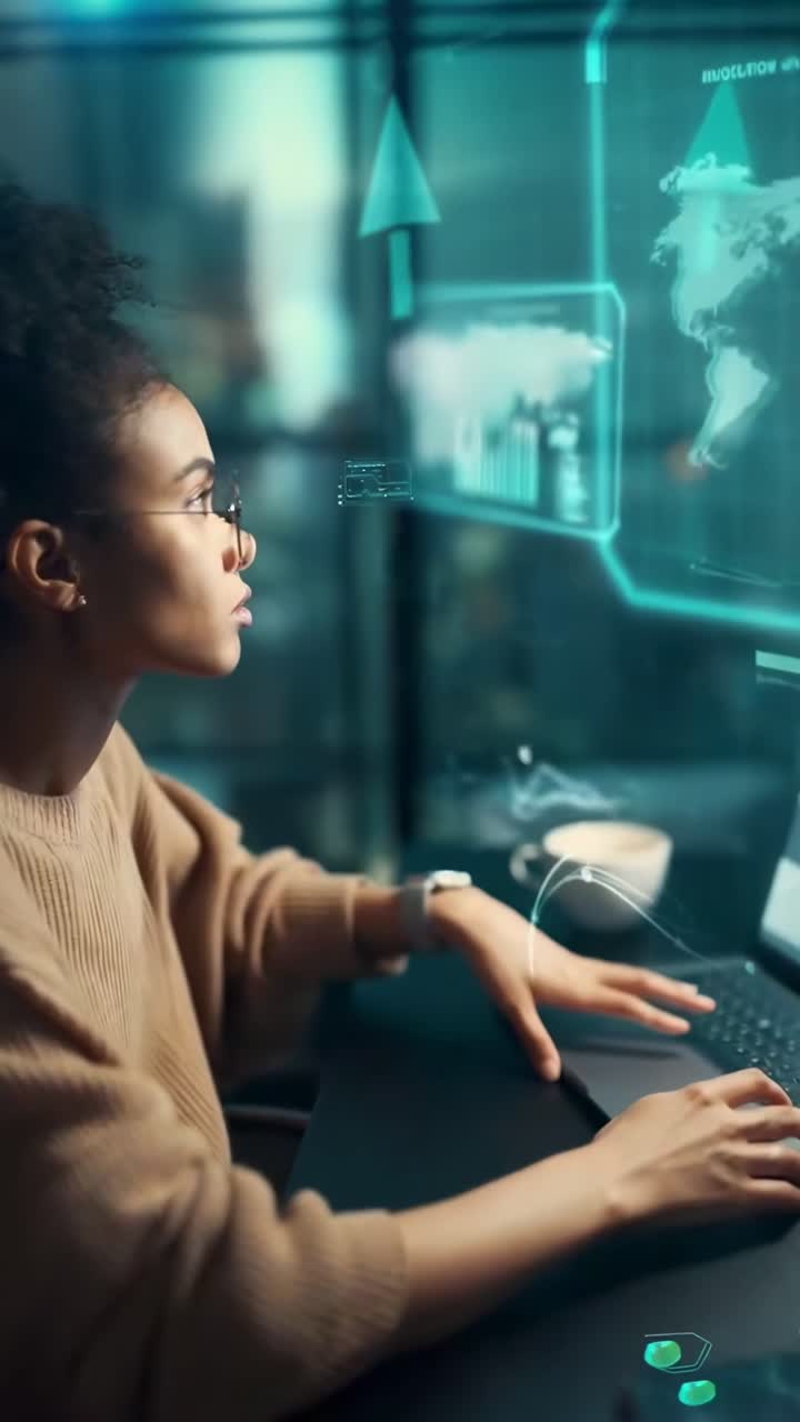 Side angle of a woman using futuristic video screens, modern tech interface, dim lighting