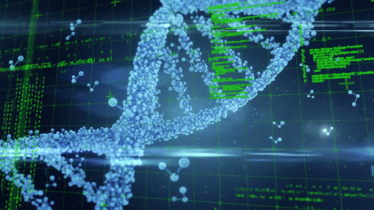 Animation of computer language and grid over rotating dna helix