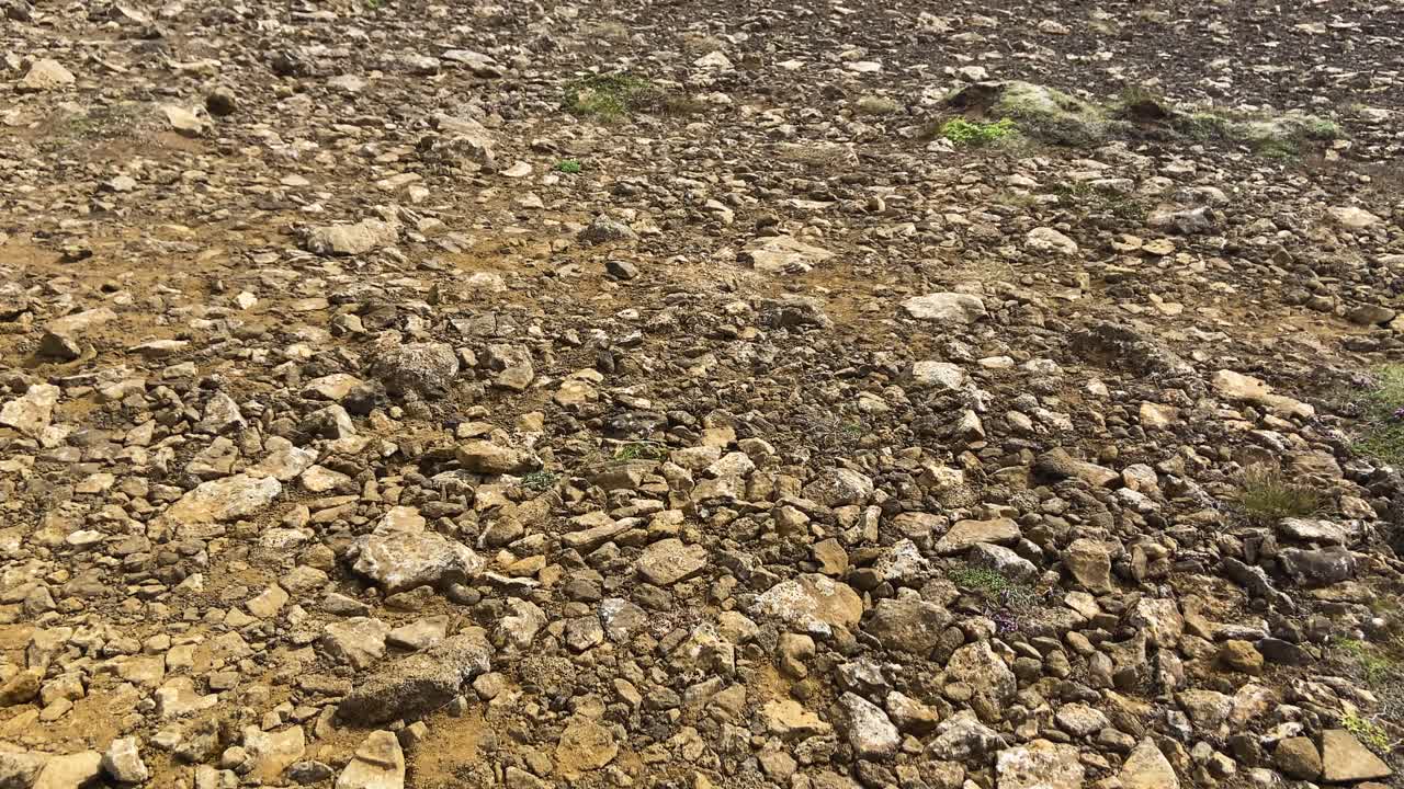 아이슬란드의 노란색 산기?? 에 있는 바위 조각들, 위로 기울어진 모습