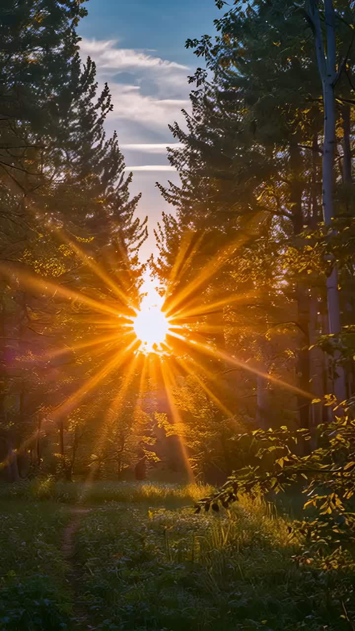 Vertical video: Rising sun casting orange starburst through tree corridor, bathing grassy path