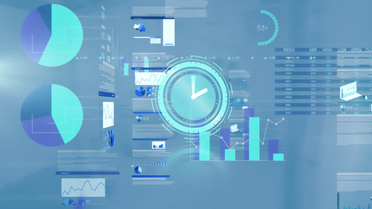 animación de reloj digital sobre gráficos, textos, tablero de negociación contra un fondo abstracto