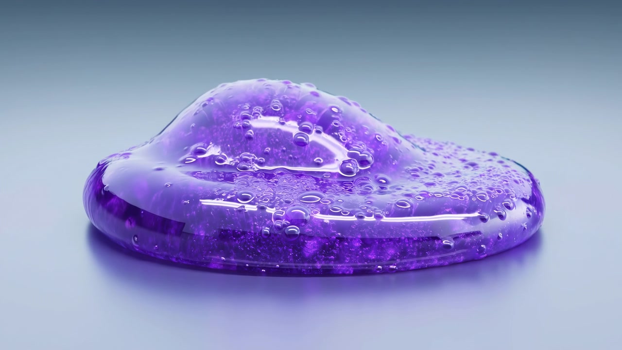 Un montículo de gel púrpura translúcido brillante descansa sobre una mesa lisa y reflectante en un fondo de estudio, mostrando contornos redondeados, una protuberancia central, superficie irregular, suaves reflejos superiores, color vívido y