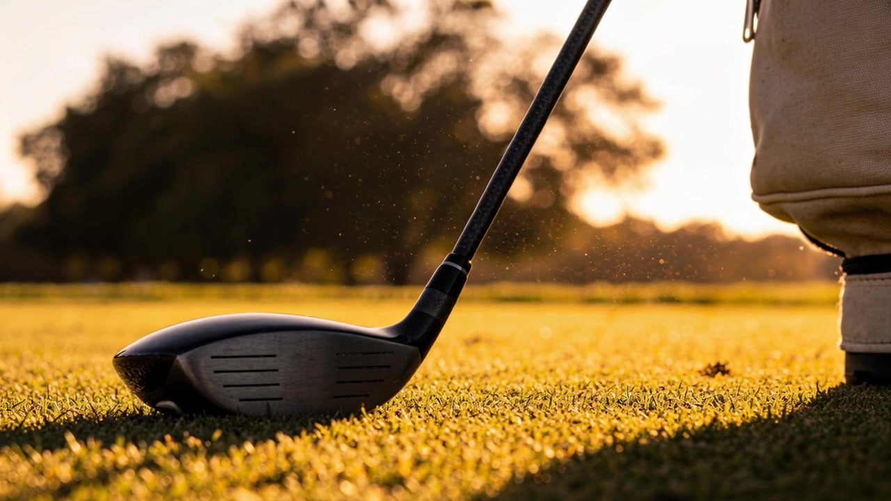 Testa del driver da golf appoggiata con asta e bordo della sacca beige che cattura la luce calda sul tee, sollevando detriti