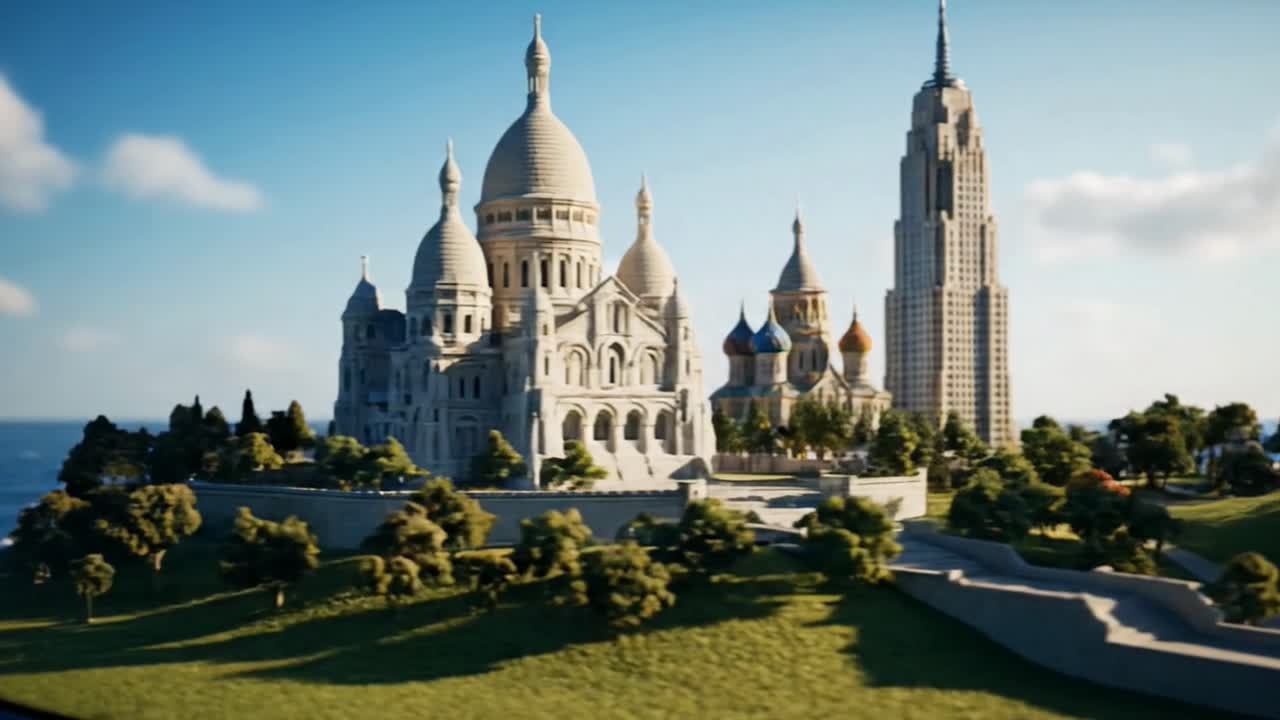 Panorama con monumenti del mondo in miniatura su un'isola fantastica