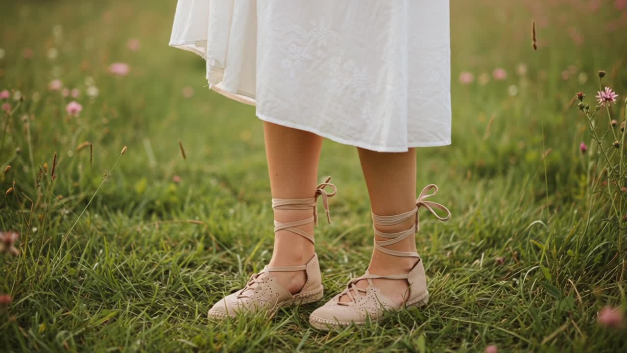 A Serene Moment Captured: Delicate Feet in Elegant Laced Shoes Surrounded by Lush Greenery and Blossoming Wildflowers on a Beautiful Sunny Day