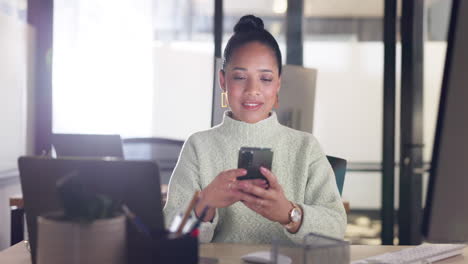 Phone,-business-woman-and-typing-in-office