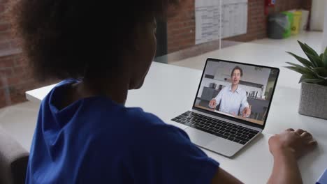 Back-view-of-african-american-woman-having-a-video-call-on-laptop-with-male-colleague-at-office