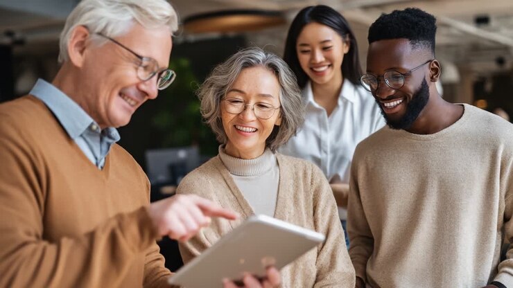 A Diverse Group of Friends Engaged in a Joyful Interaction While Analyzing Content on a Tablet, Representing Generational Collaboration and Shared Learning in a Modern Workspace Environment