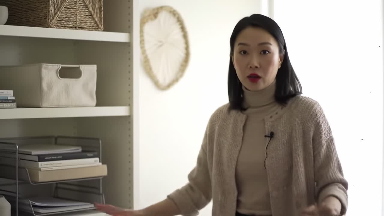 A Stylish Female Speaker Engages in Dialogue About Interior Design and Organization While Showcasing a Modern Minimalist Space