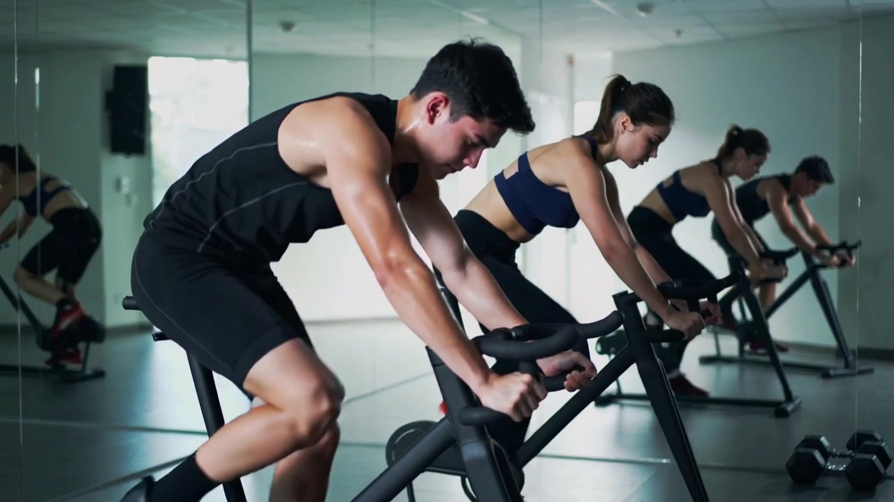 Pedaling Asian male in black top tightening grip while training on spin bike, mirror reflecting