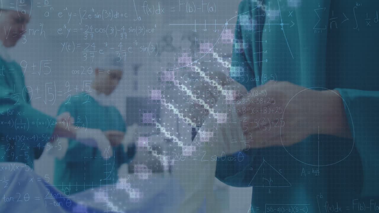 수술을 준비하는 백인 여성과 남성 외과 의사 위에 회전하는 dna의 애니메이션