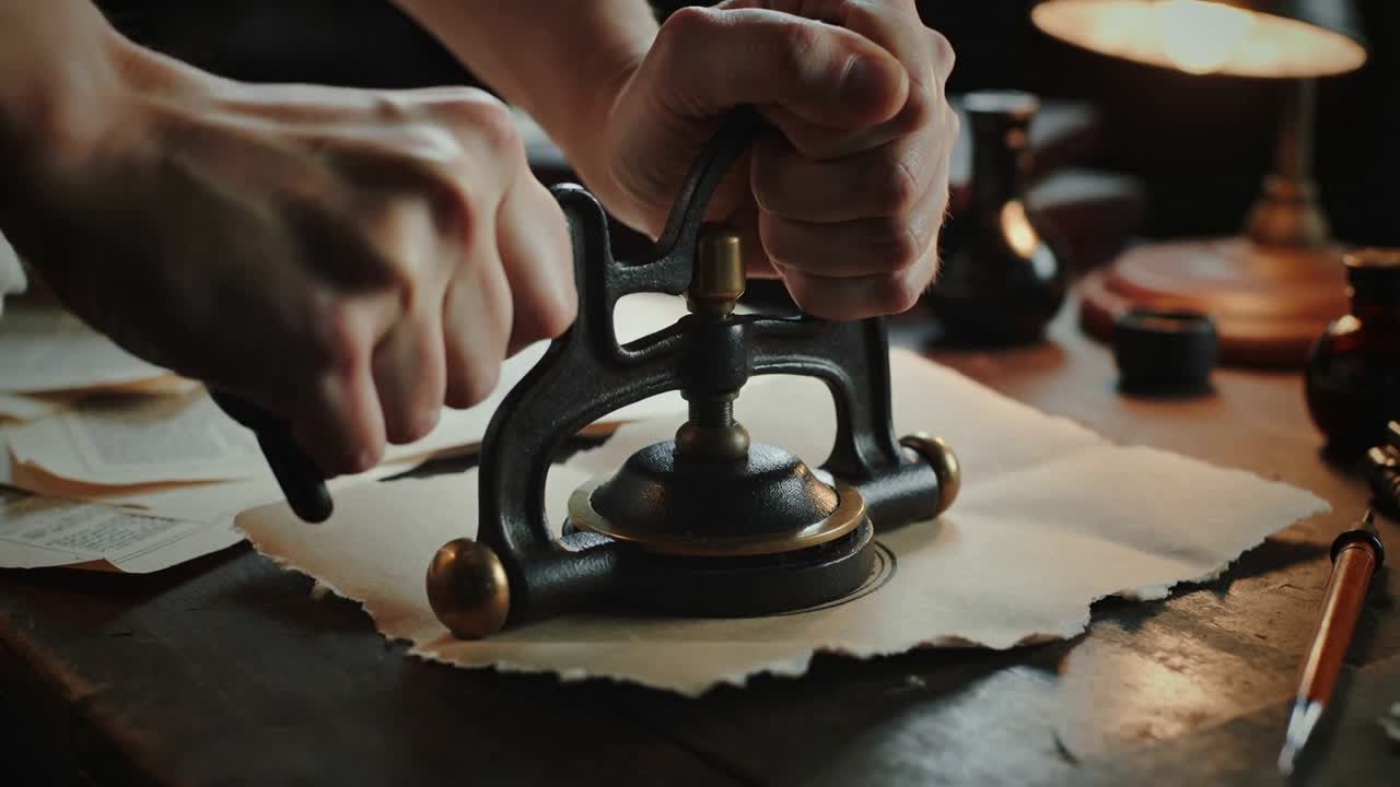 Posizionamento di un sigillo a pressione in metallo, mani che lo stabilizzano, premendo pergamena dai bordi strappati per imprimere un sigillo sulla scrivania