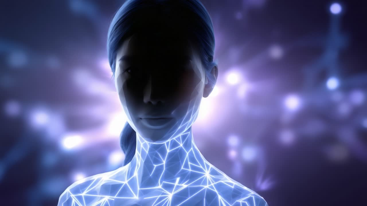A Silhouette of a Woman Constructed with Glowing Neural Patterns, Representing the Concept of Artificial Intelligence and Human-Machine Integration in a Futuristic Setting