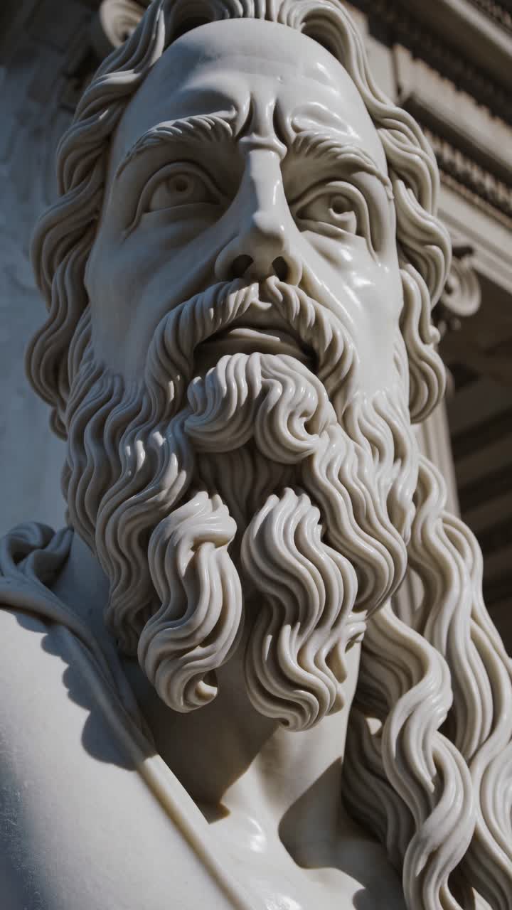 Low-angle shot of a marble statue's detailed face and flowing beard, capturing its grandeur