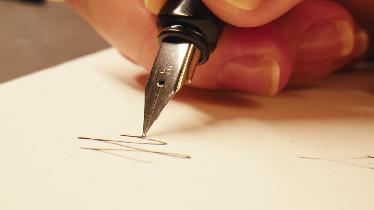 Primo piano di una mano che scrive su carta con una penna stilografica