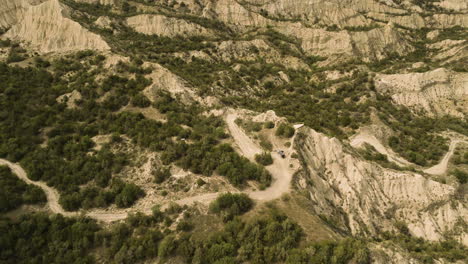 Rocky-canyon-ravines-and-hills-with-bushes-in-Vashlovani,-Georgia