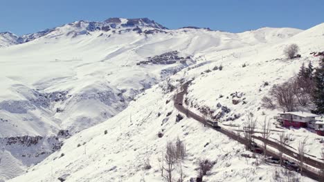 aerial view steep road leading to the exclusive la parva ski resort from farellones winter mountains landscape