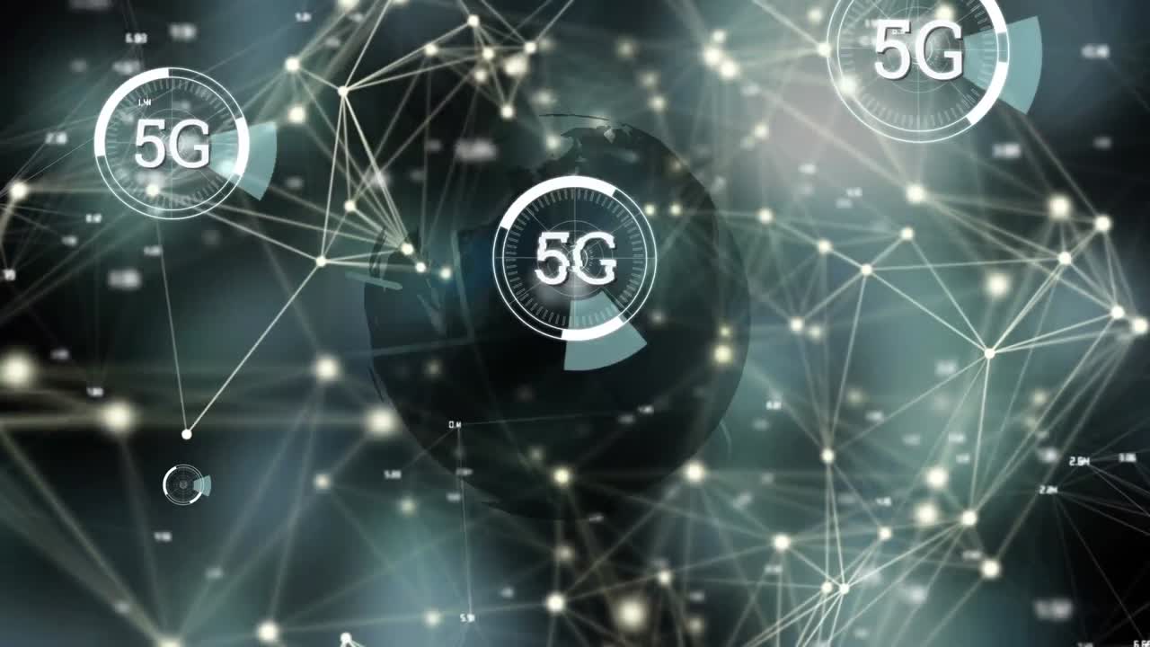 testo 5g su più scanner rotondi contro la rete di connessioni e il globo rotante